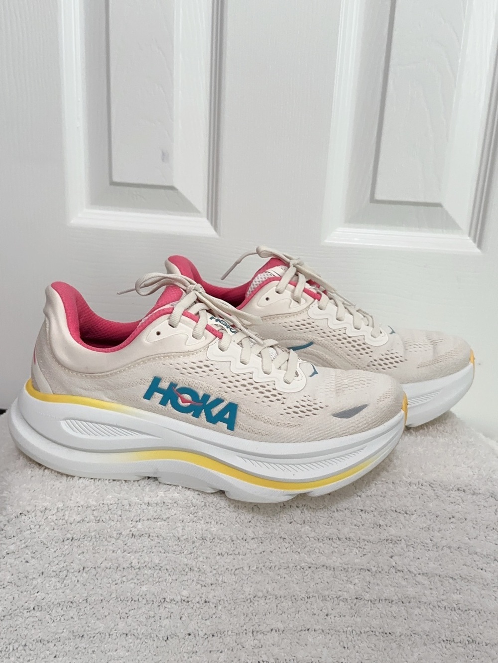 Hoka Women's Bondi 9 Running Shoes — Cream with Pink, Yellow & Teal Accents